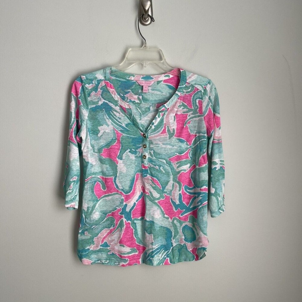 Lilly Pulitzer Teal Pink 100% Linen 3/4 Sleeve Henley Top